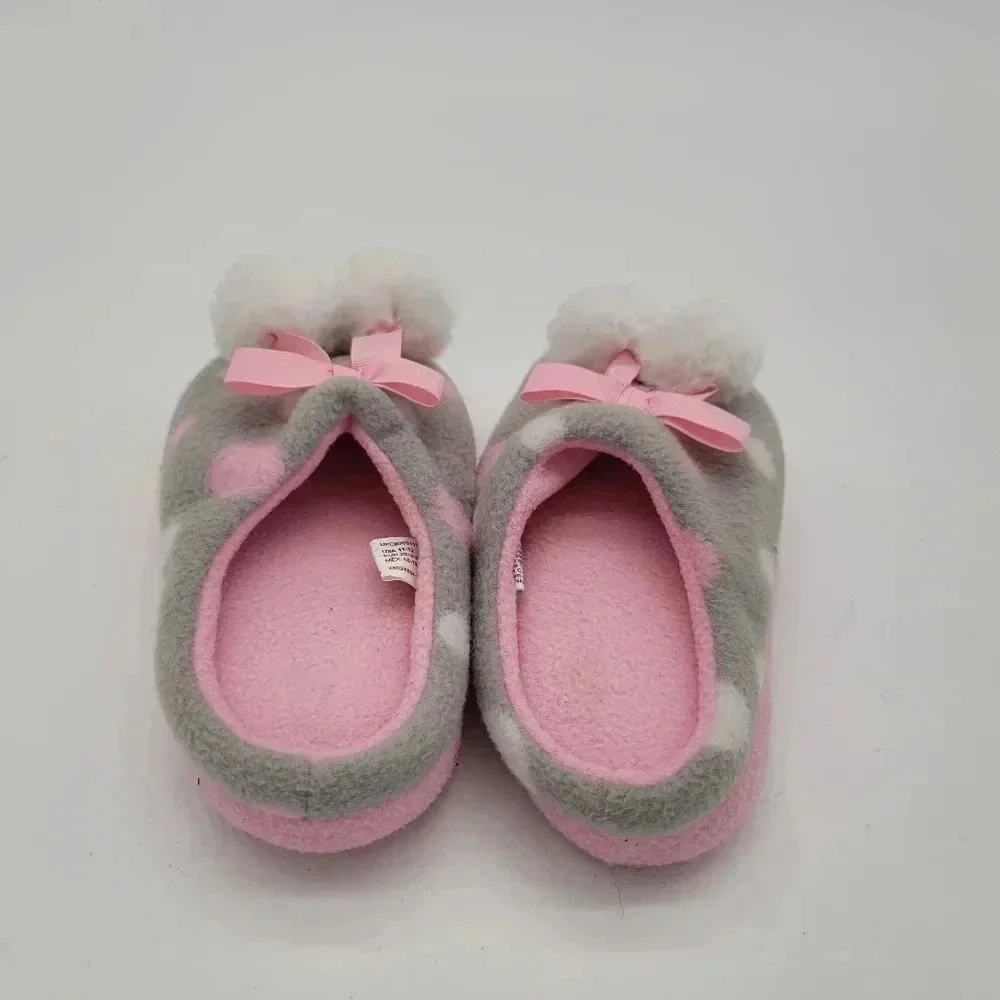 Wonder Nation Girls Gray & Pink Polka Dot Slippers Pom Pom House Shoes Girl